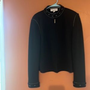 St. John Jacket, size 14, gray wool blend, with leather trim and studded.